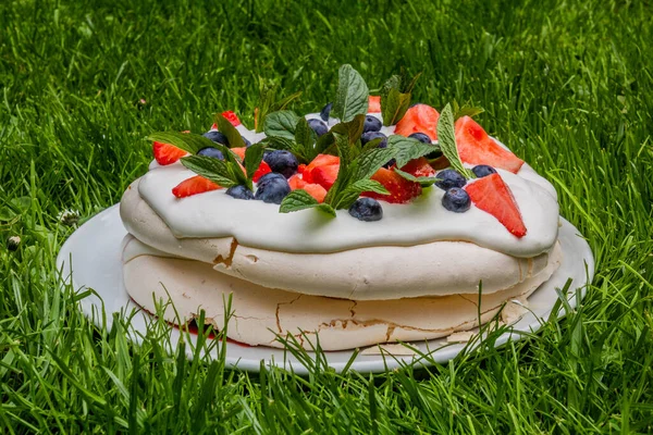 Pavlova Cake Een Weelderig Groen Gras — Stockfoto