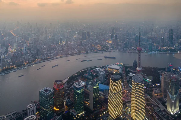 Vista Aérea Centro Xangai Com Rio Huangpu China — Fotografia de Stock