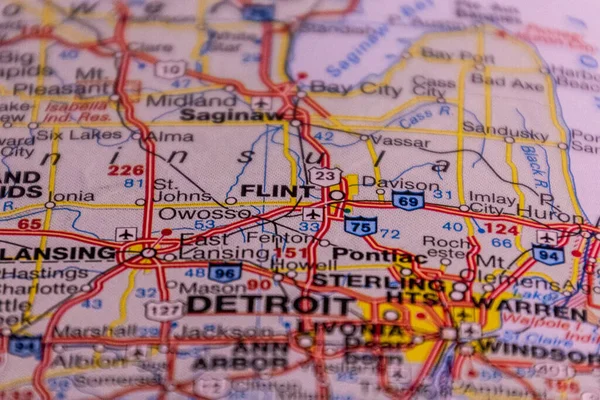 米国ミシガン州フリント道路地図上で — ストック写真