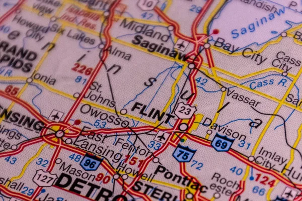 米国ミシガン州フリント道路地図上で — ストック写真
