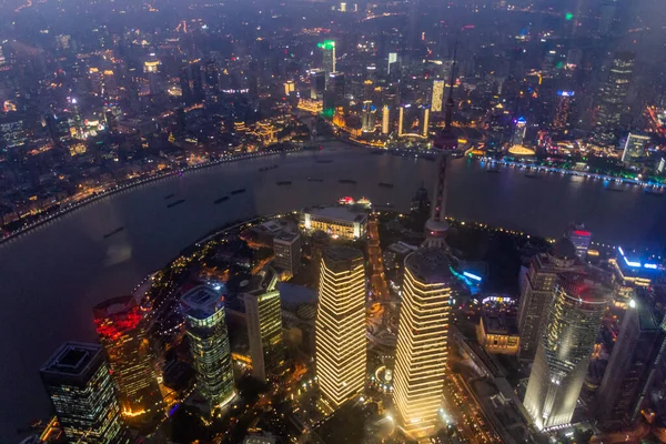 stock image Evening aerial view of skyscrapers in Shanghai with Huangpu river, China