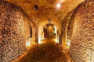 BRNO, CZECHIA - SEPTEMBER 7, 2021: Underground ossuary under the Church of St. James in Brno, Czech Republic clipart