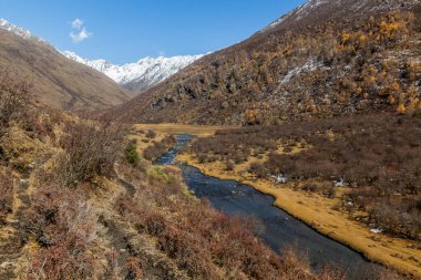 Siguniang Dağı yakınlarındaki Haizi Vadisi 'nde nehir Sichuan ili, Çin