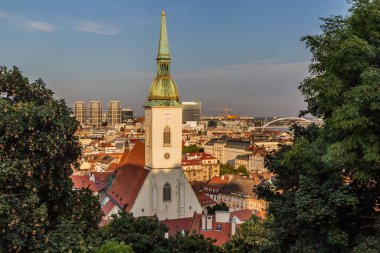 Bratislava 'daki eski şehrin havadan görünüşü ile St. Martin Katedrali, Slovakya