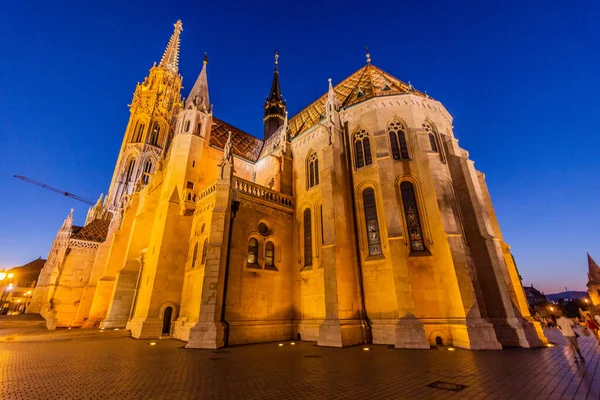 Vista Nocturna Iglesia Matías Castillo Buda Budapest Hungría — Foto de Stock