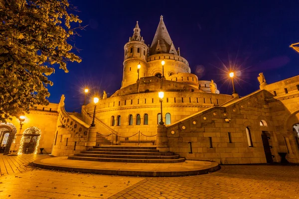 Vista Nocturna Del Bastión Pescadores Castillo Buda Budapest Hungría — Foto de Stock