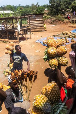 UGANDA - 7 Mart 2020: Ananas ve et satıcılarının yiyeceklerini otobüs yolcuları Uganda 'ya satışı