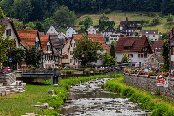 SCHILTACH, GERMANY - SEPTEMBER 1, 2019: Schiltach stream in Schiltach village, Baden-Wurttemberg state, Germany