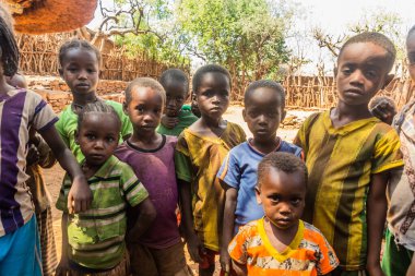 KONSO, ETHIOPIA - 7 Şubat 2020: Etiyopya 'nın geleneksel Konso köyündeki çocuklar