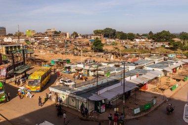 KAKAMEGA, KENYA - FEBRUARY 23, 2020: Aerial view of a market and bus stand in Kakamega, Kenya clipart