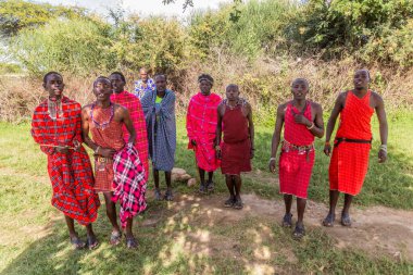 MASAI MARA, KENYA - 20 Şubat 2020: Masai halkı zıplama dansını yapıyor, Kenya
