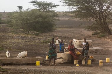 KARGI, KENYA - 11 Şubat 2020: Kenya 'nın kuzeyindeki Kargi köyünde yerel kadınlar