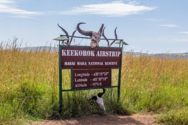 MASAI MARA, KENYA - 19 Şubat 2020: Kenya 'daki Masai Mara Ulusal Rezervi' ndeki Keekorok uçak pistini imzalayın