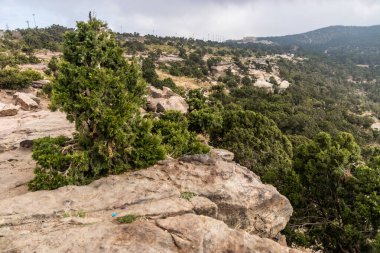 Suudi Arabistan 'daki Jabal Sawda Dağı yakınlarındaki Rocky arazisi.