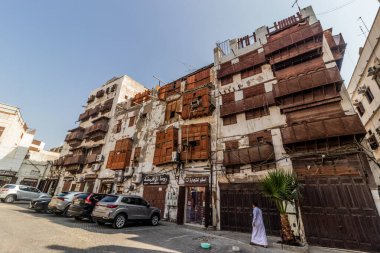JEDDAH, SAUDI ARABIA - NOVEMBER 15, 2021: Traditional houses in Al Balad,  historic center of Jeddah, Saudi Arabia clipart