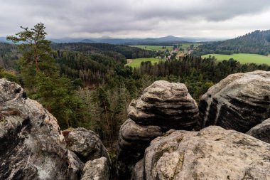 Çek Cumhuriyeti 'nin Saunstejn rock şatosundan Çek İsviçre Ulusal Parkı manzarası.