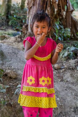 NAMKHON, LAOS - 18 Kasım 2019: Luang Namtha kasabası yakınlarındaki Namkhon köyünde yerel kız