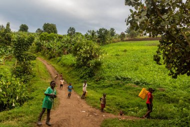 Fort PORTAL, UGANDA - 12 Mart 2020: Uganda Fort Portal yakınlarındaki göl kıyısındaki Nyamirima Gölü yakınlarındaki yerel çocuklar