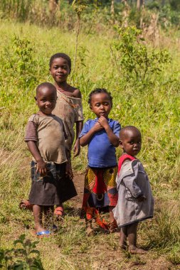 RWEETERA, UGANDA - 12 Mart 2020: Uganda, Fort Portal yakınlarındaki krater göl bölgesindeki Rweetera köyü yakınlarındaki çocuklar