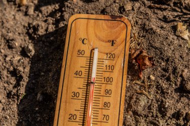 Kuru toprak zeminde yüksek yaz sıcaklığını gösteren termometre