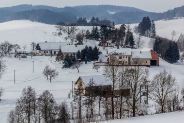 Çek Cumhuriyeti 'nin Pisecna köyünün kış manzarası