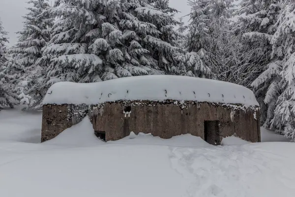 stock image Winter view of a concrete pillbox from the WW2, Czech Republic