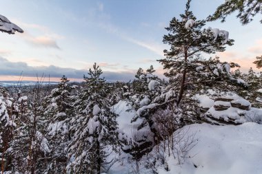 Çek Cumhuriyeti 'nin Cesky raj (Çek Cenneti) bölgesindeki kar manzaralı Prachovske skaly kayaları