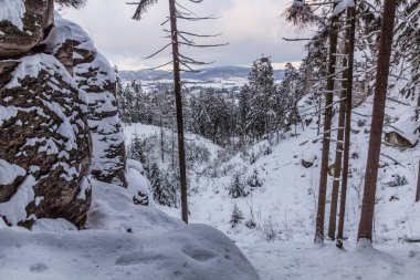 Çek Cumhuriyeti 'nin Cesky raj (Çek Cenneti) bölgesindeki kar manzaralı Prachovske skaly kayaları