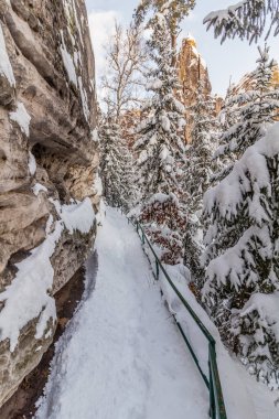 Çek Cumhuriyeti 'nin Cesky raj (Çek Cenneti) bölgesindeki Prachovske skaly kayalıklarında kış manzarası