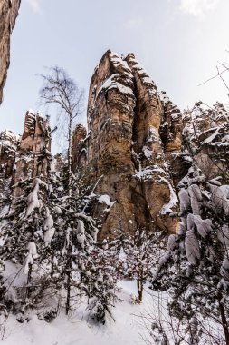 Çek Cumhuriyeti 'nin Cesky raj (Çek Cenneti) bölgesindeki Prachovske skaly kayalarının kış manzarası