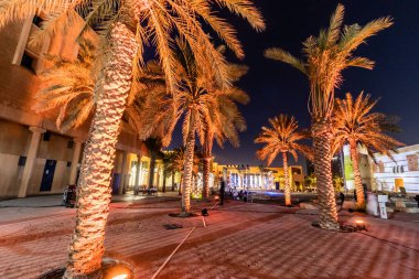 RIYADH, SAUDI ARABIA - 29 Kasım 2021: Riyad, Suudi Arabistan 'ın El Dirah mahallesindeki palmiyelerin akşam manzarası