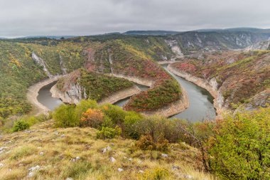 Sırbistan 'ın Sjenica kenti yakınlarındaki Uvac nehir kanyonunun sonbahar manzarası