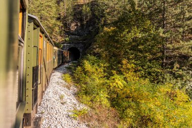 Sarganska Osmica (Sargan Sekizlisi) dar kalibreli miras demiryolu üzerinde bir tünele giren tren, Sırbistan