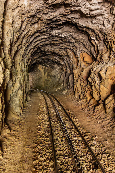 Narrow gauge cogwheel Odontotos railway in Vouraikos Gorge on Peloponnese peninsula, Greece.
