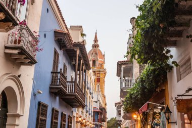 Kolombiya 'nın eski Cartagena de Indias kasabasındaki koloni evleri ve katedral.
