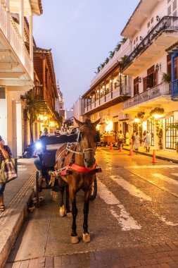 CARTAGENA, COLOMBIA - 4 Mart 2023: Eski Cartagena de Indias, Kolombiya 'da bir at arabasının akşam manzarası