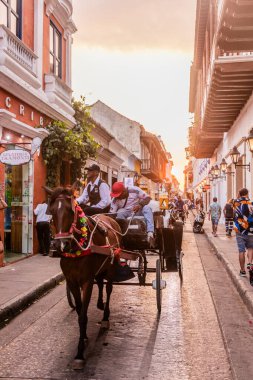 CARTAGENA, COLOMBIA - 4 Mart 2023: Eski Cartagena de Indias, Kolombiya 'da bir at arabasının gün batımı manzarası