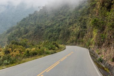 Abra Malaga 'dan Lucumayo nehir vadisine inen yolun puslu manzarası, Peru