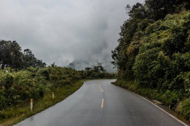 Abra Malaga 'dan Lucumayo nehir vadisine inen yolun puslu manzarası, Peru