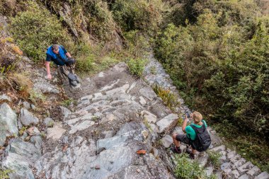 MACHU PICCHU, Peru - 10 Kasım 2022: Machu Picchu dağına tırmanan turistler, Peru