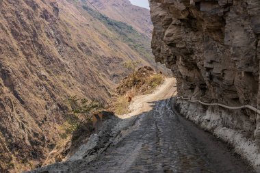 Santa Maria ve Santa Teresa kasabaları arasındaki Urubamba nehir vadisinde dar yol, Peru