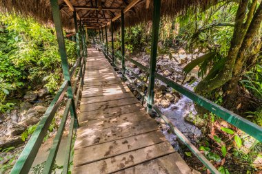 Catarata yakınlarındaki yaya köprüsü Santa Carmen şelalesi Tingo Maria, Peru yakınlarında.