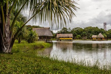 Tingo Maria City, Peru yakınlarındaki Laguna de los Milagros gölünde kulübeler