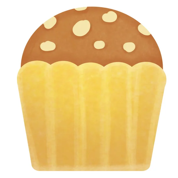 イラスト 食べ物 パン屋 食事のコンセプトとして使用するために白い背景に隔離されたアーモンドトッピングとバナナカップケーキの描画 — ストック写真