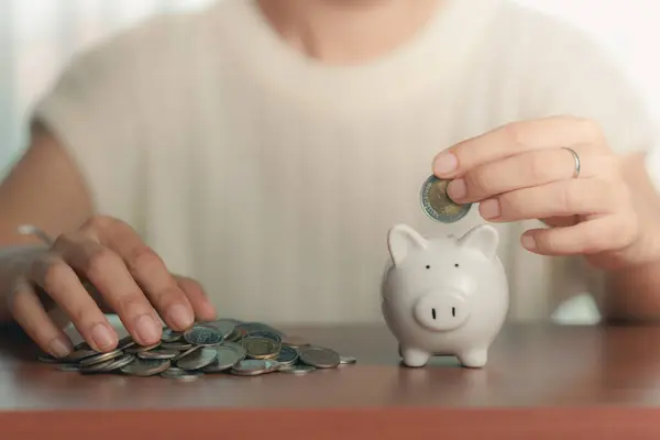 Person Saving Money in Piggy Bank with Hand, Financial Concept of Banking, Savings, and Investment