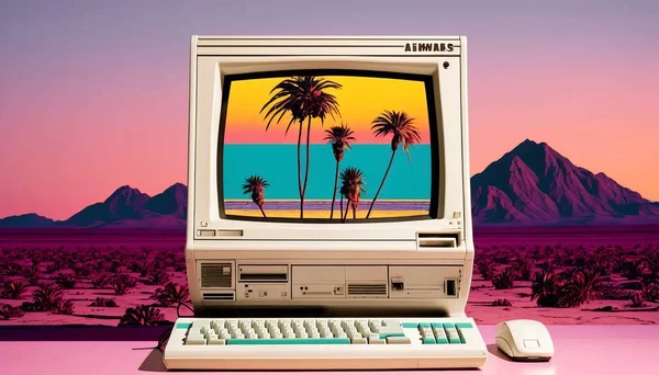 Computer with palm 90s. Modern collage in retro colors for party design
