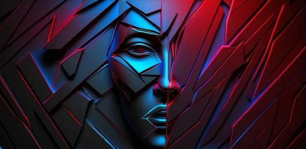 Modern line art illustration Red and Blue with modern abstract face background for decorative design. Fashion lady. Trendy modern style. Art poster