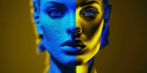 Modern line art illustration Blue and Yellow with modern abstract face background for decorative design. Fashion lady. Trendy modern style. Art poster