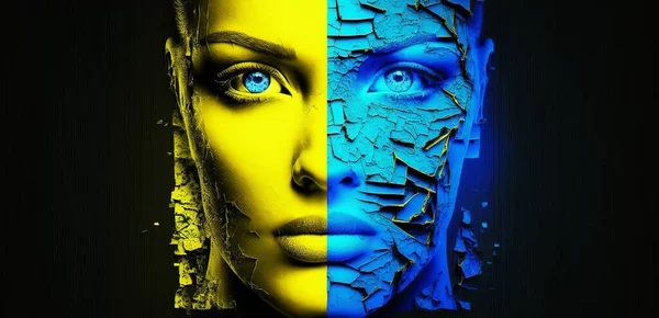 Modern line art illustration Blue and Yellow with modern abstract face background for decorative design. Fashion lady. Trendy modern style. Art poster