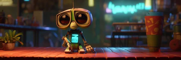 Animated cute robot, great design for any purposes. Cartoon realistic bot. Animal character design. Internet communication. Comic drawing. Cute character design. Comic background